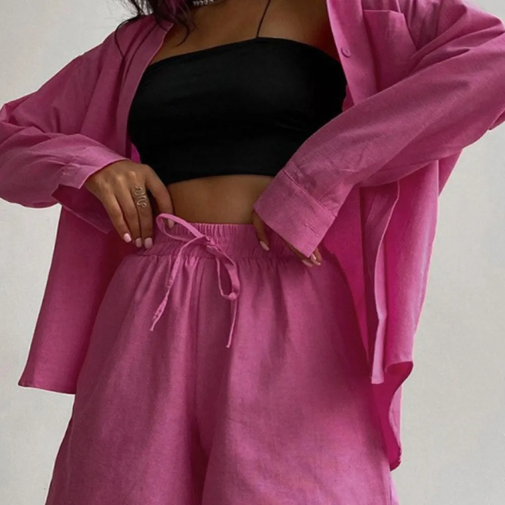 Short Casual Dress for Women Europe and America 2023 Long-Sleeve Spring Shirt Top + Straight Solid Color Shorts Du