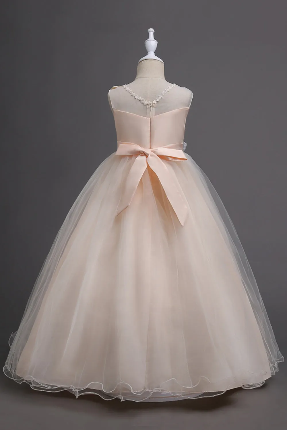 Green Round Neck A-Line Tulle Dress with Applique for Girls
