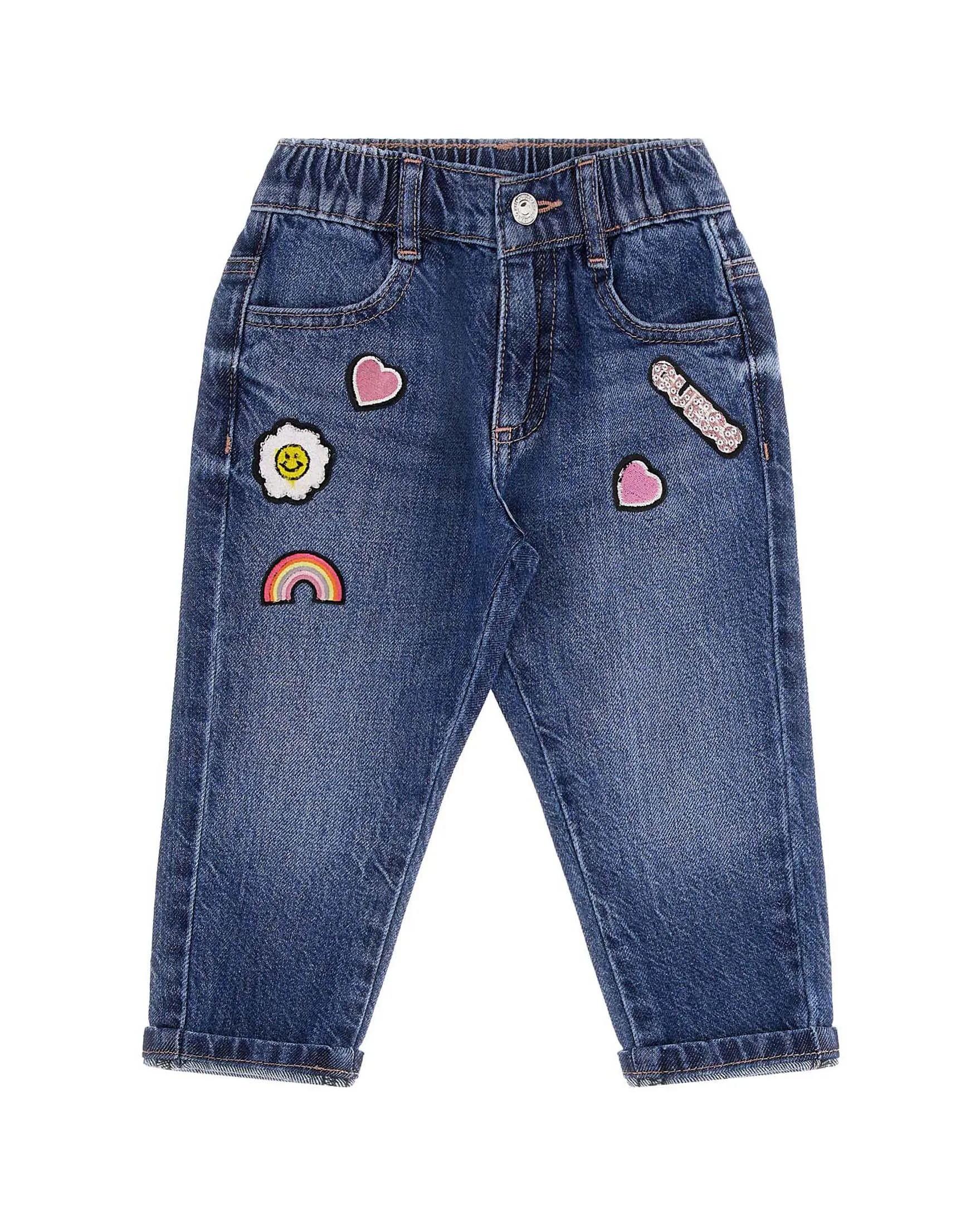Jeans Cotone Lavaggio Scuro Stone Washed Patch Colorati Tasche Cuore 4-7 Anni