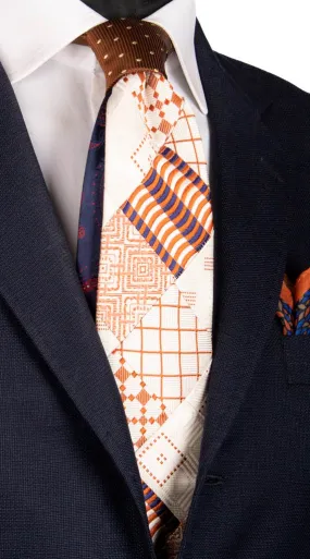 Man White Mosaic Patchwork Silk Tie Rust Pattern PM673