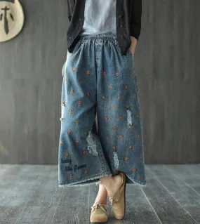 Spring Summer New Arts Style Women's High Waist Elastic Vintage Embroidered Ripped Jeans Loose Fit Wide Leg Pants