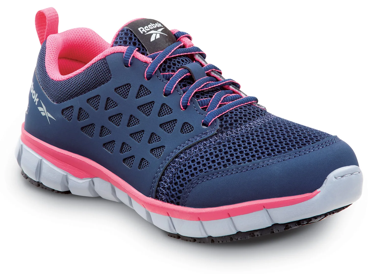 REEBOK Sublite Cushion Work Shoe - Women's, Navy/Pink, Athletic, Slip Resistant, Soft Toe