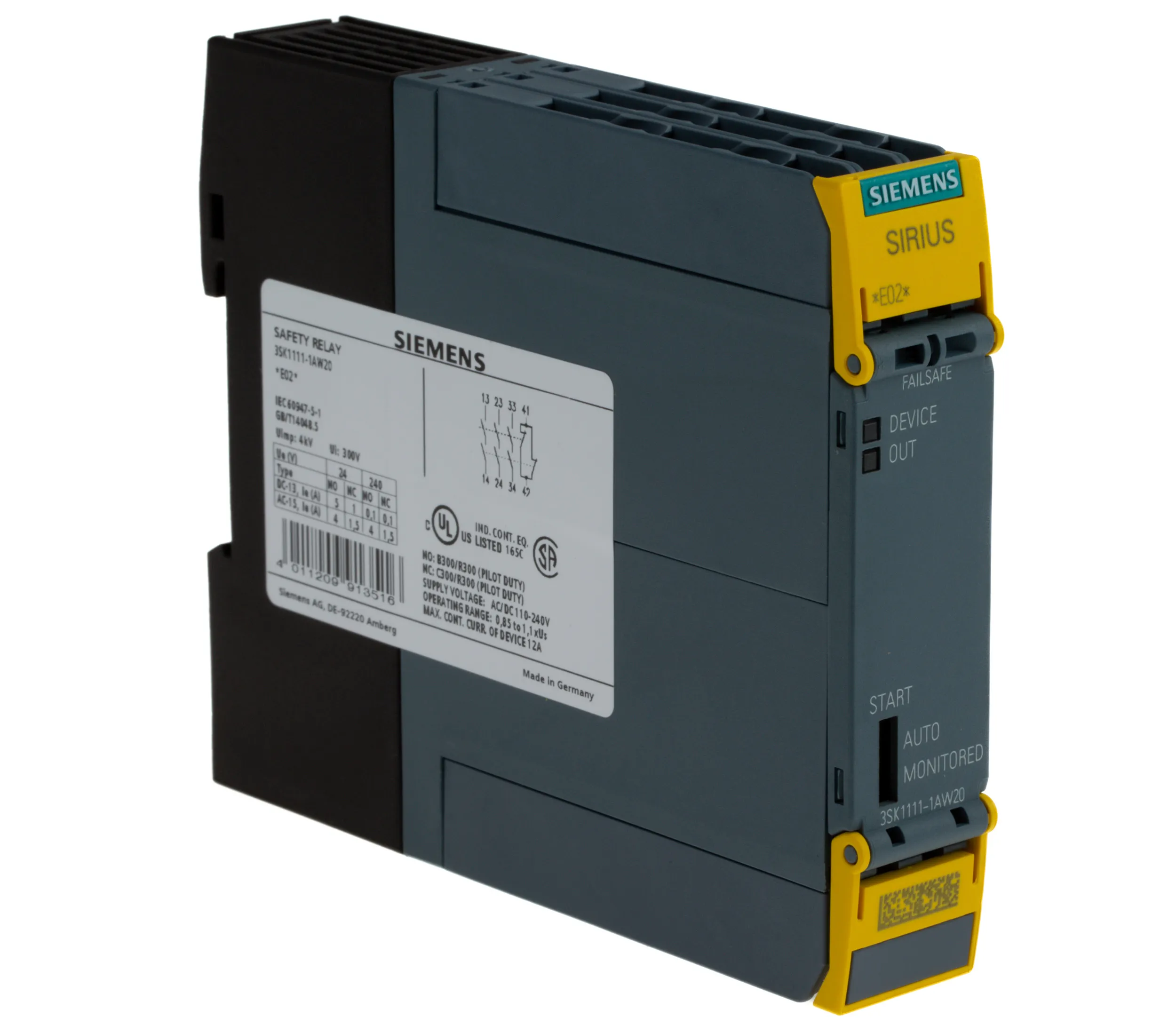 Relè di sicurezza Siemens 3SK1, 110 → 240V ca/cc, 1 canale, 4 contatti di sicurezza