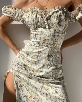 New Vintage Floral Summer Short Sleeve Off Shoulder Corset Maxi Dress