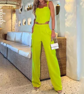 Wefads Set da due pezzi da donna Summer Fashion Bretella senza maniche Slim Solid Top sciolto con tasche Pantaloni Set High Stre
